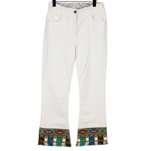 Etro High-Rise Wide Leg White Jeans Raw-Edge Embroidered Accents Women's Sz 31